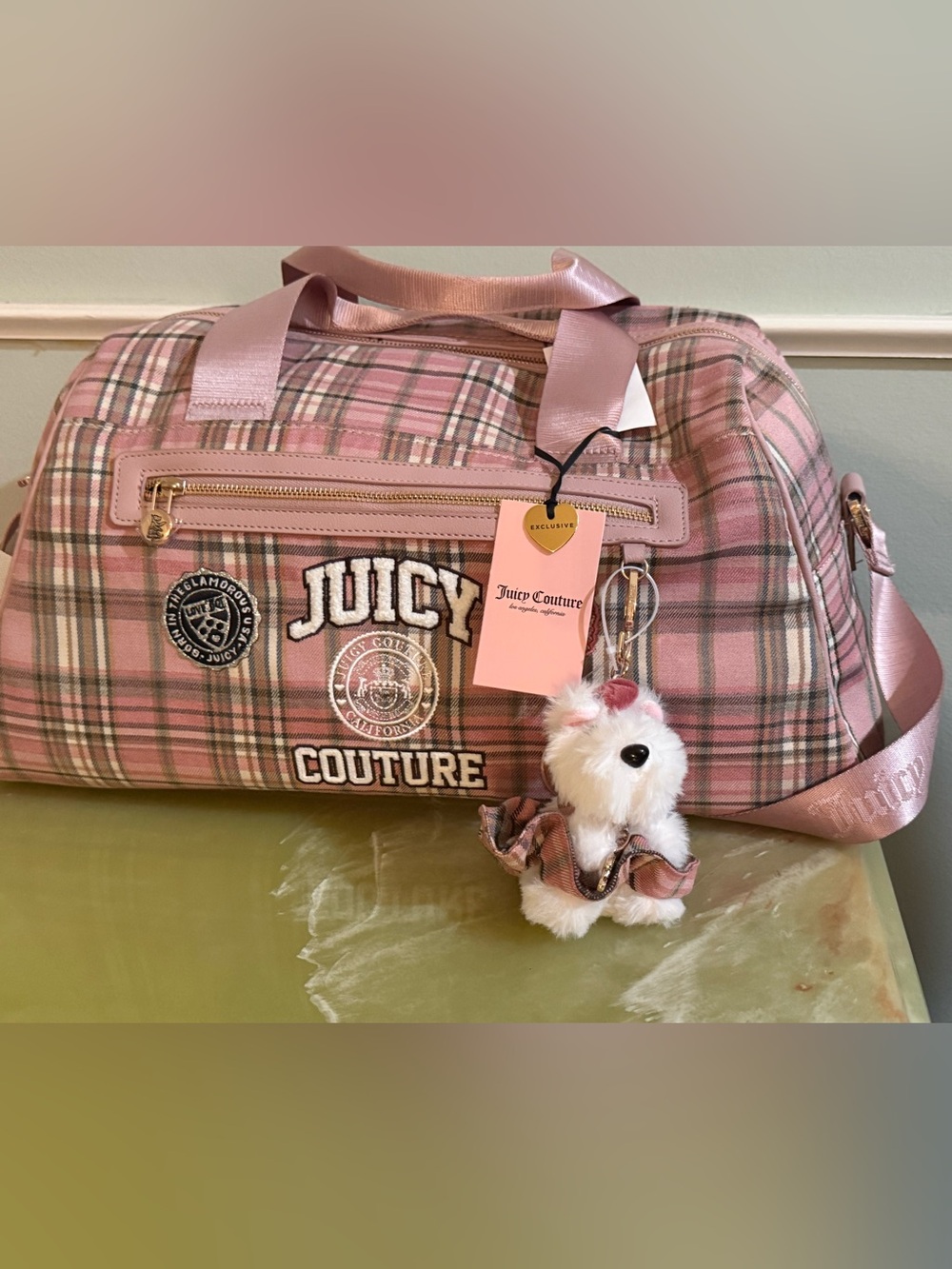 👑 🎀 Juicy Couture 🎀 👑 Pink Plaid Varsity Weekender Bag with Plush Puppy Charm